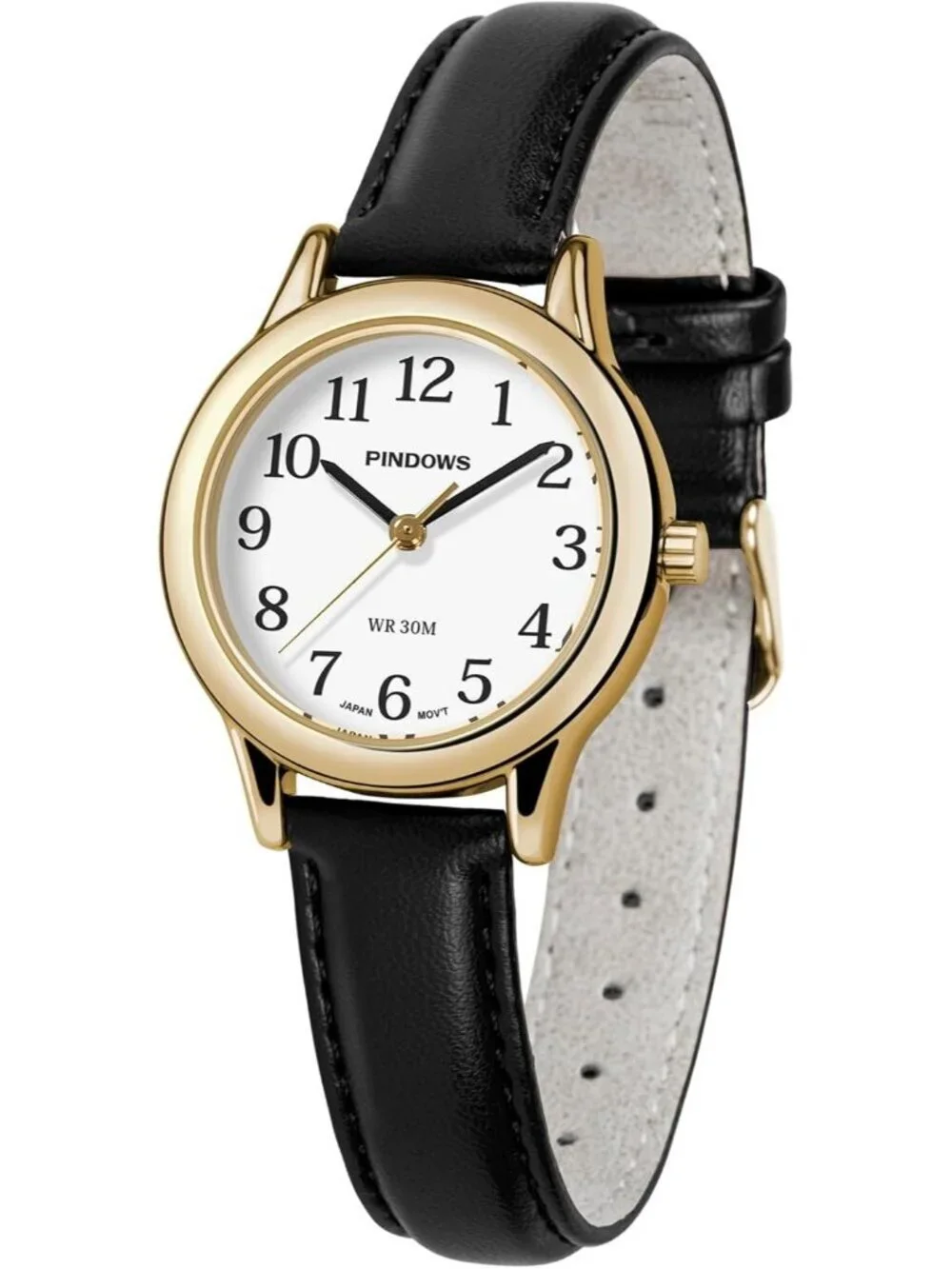 Pindows Womens Black White Elegant Quartz Analog Leather Strap Fashionable Watch